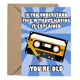 Joke Birthday Card, Retro Cassette Birthday Card, 7 x 5 inches, Humorous Design with Pencil Illustration, Includes Brown Envelope