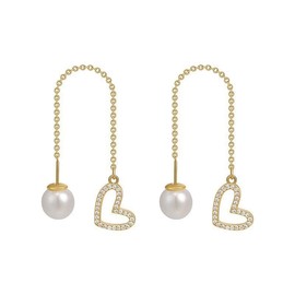 Peasimy Hollow Heart Pearl Rhinestone Earrings Vintage Crystal Ear Line Stud for Women Bridal Party Jewelry (Gold)