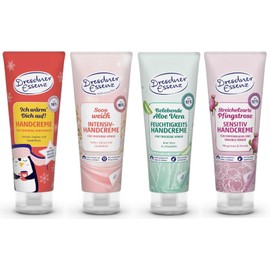 4er Pack. Dresdner Essenz Mix Handcreme Ich wärm' Dich auf, Sensitiv-Handcreme Sooo weich, Sensitiv-Handcreme Belebende Aloe Vera, Sensitiv-Handcreme Streichelzarte Pfingstrose