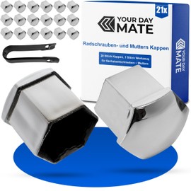 Wheel Bolt and Nut Caps Set, 21 Pieces, for 19 mm Hex Bolts and Nuts, Minimum Diameter 26 mm Rims Screw Hole, Wheel Nut Caps in Shiny Silver, 1 x Tool, Wheel Bolt Cover