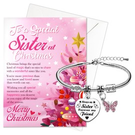 HOWAF Christmas Card Sister Gifts, Merry Christmas Cards for Sister Christmas Greeting Card Christmas Bracelet Heart Sister Bracelet Engraved Christmas Gifts for Sister
