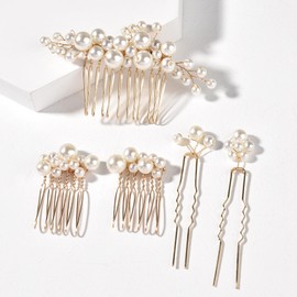 SZSL Pearl Hair Ornaments, Set of 5, U-pin Hair Pins for Weddings, Parties, Children, Graduations, Entrance Ceremonies, Brides, etc. (Gold)