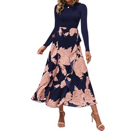 BTFBM Womens Floral Maxi Dress Fall Summer Casual Crewneck Long Sleeve Ruffle Flowy Cocktail Wedding Guest Dresses(Pink Floral Navy, Large)