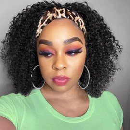 Lauberita Headband Wig Human Hair 180% Density Kinkycurly Headband Wigs Glueless Curly Human Hair Wig for Women Natural Color 14 Inch