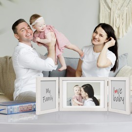 Afuly Photo Stand Postcard 2L 3-Panel Photo Frame Stylish Foldable Photo Frame Tabletop/Wall Mount Wood Grain Photo Frame White Wedding Anniversary Birthday Memorial Day Present