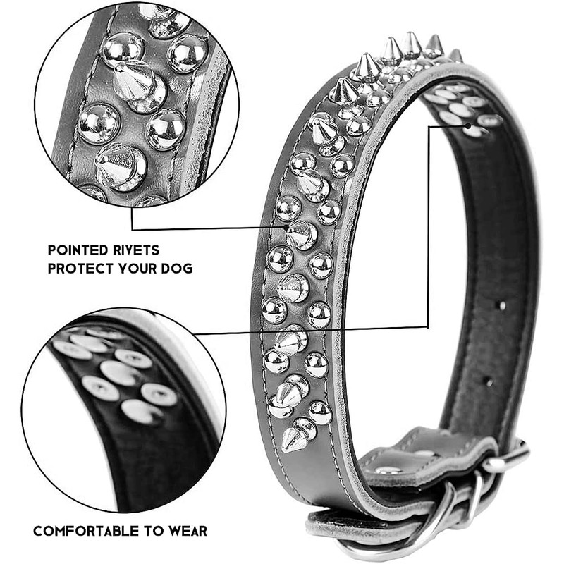 Pimaodog Spiked Studded Dog Collar, Genuine Leather Dog Collar, Adjustable