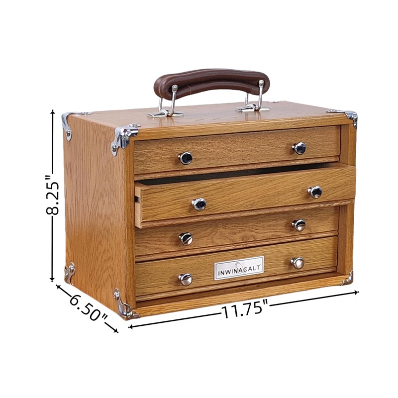 INWINACALT Oak Wood 4 Drawers Portable Toolbox, Leather Handle, FT0104