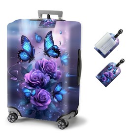 FXIANGWL Luggage Covers with Tag for Suitcase Tsa Approved, Washable Cover Travel Stretch Baggage Case Protective Suitcase Protector Fits 22-25 Inch Luggage, Purple Roses Blue Butterfly