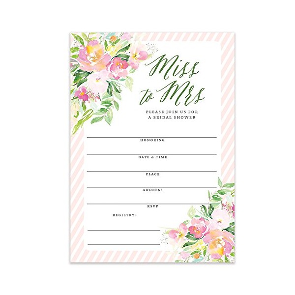DB Party Studio Bridal Shower Miss to Mrs Pretty Floral Fill In Blank Invitations with Envelopes ( Pack of 25 ) Large 5x7" Flower Blossom Striped Border Maid Matron Honor Wedding Party Invites VI0087B