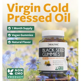 Black Seed Oil Gummies - Natural Ginger Ale Flavor (Non-GMO & Vegan) Cold-Pressed Nigella Sativa Producing Pure Black Cumin Seed Oil - 500mg Per 2 Gummy Serving