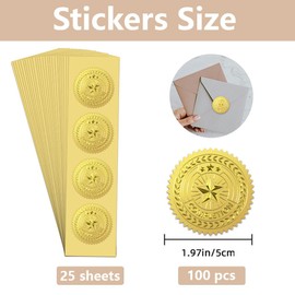 WADORN 100Pcs Five-Pointed Star Sticker Gold Certificate Seal, Gold Foil Certificate Sticker Round Foil Self Adhesive Embossed Label for Wedding Invitations Certification Graduation Office