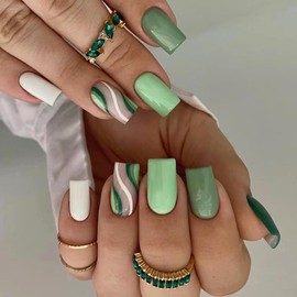 Ceboic French Tip Press on Nails Square Medium Length False Nails Green Stripes Glossy Fake Nails Acrylic Full Cover Glue on Nails with Elegant Design Natural Reusable Stick on Nails for Women