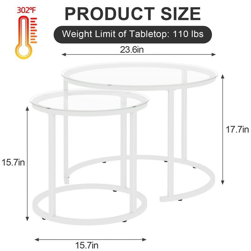 aboxoo White Nesting Glass Table Set of 2, Small Glass