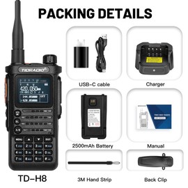 TIDRADIO TD-H8 Radio 10Watt 2500mAh Capacity Survival Gear Solid Performance Handheld Walkie Talkies Wireless Programming Module with Repeater List for Camping Hunting Security(2nd Gen) - Color: BLACK
