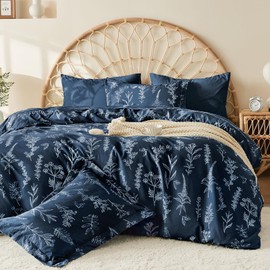 MUXHOMO Navy Blue Bed in a Bag Queen 7 Pieces, Queen Comforter Set Reversible Botanical Flowers Design, Ultra Soft & Breathable Bedding Sets with Comforter, Sheets, Pillowcases & Shams