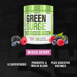 Jacked Factory Green Surge Green Superfood Powder - Keto Friendly Greens Drink w/Spirulina, Wheat & Barley Grass, Organic Greens - Green Tea Extract, Probiotics & Digestive Enzymes - Mixed Berry