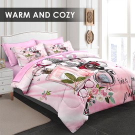 Pamnest Comforter Set Full Size, Paris Eiffel Tower 7 Pcs Bedding for Kids and Adults, Vintage Cute Pink Girls Bed Sheet Sets with Fitted Sheet 2 Pillowcases & 2 Shams for Bedroom Bed Decor