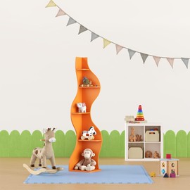 Modern Corner Bookshelf, 5 Tier Tall Corner Shelf for Small Spaces, Wavy Corner Bookcase with Storage, Wooden Display Shelf for Plants, Books, and Decor, Multiple Colors & Sizes (Orange, Small)