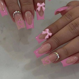 Goiern 24 Stk Französische Nagelkappen Aufkleber mit Verzierungen, Mittelgroße Kunstnägel, Aufkleber, Schöne Schleife Aufkleber Nägel (rosa)