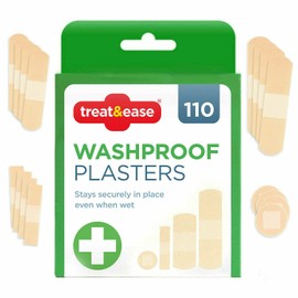 110pk Assorted Washproof Plasters | Includes 60 Small Plasters, 20 Medium Plasters, 10 Round Plasters and 20 Large Plasters | Breathable Waterproof Plasters with Protective Pads by Treat & Ease