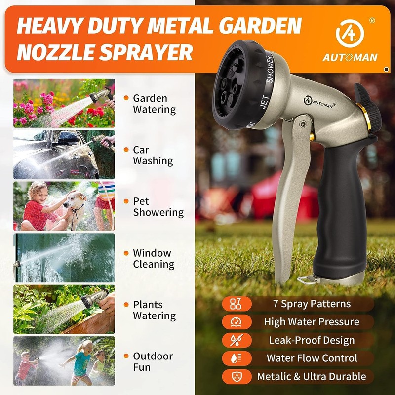AUTOMAN Garden Hose Nozzle-7 Patterns Sprayer-2 Pack, Metal High Pressure