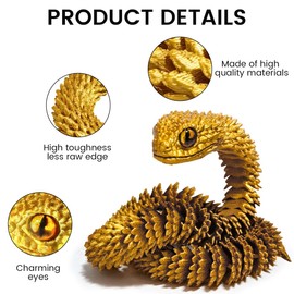 RQPQBO 23.6 in 3D Printed Snake 3D Animals Toys Articulated Flexible 3D Snake Figure Adults Fidget Toys Desktop Cute Pet Snake Collectibles Home Office Decor Executive Desk Ornaments (Gold)