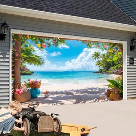 7x16ft Tropical Beach Garage Door Cover Greenery Palm Trees Garage Door Summer Decorations Banner for 2 Car Garage Large Hawaiian Banners for Outdoor Luau Party Supplies