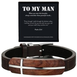 ARK & BAY Christian Leather and Rosewood Cross Bracelet To My Man In Gift Box With Bible Verse Psalm 23:4 | Meaningful Religious Scripture Jewelry For Him | Catholic Watch Strap Style Wristband For Men, Husband, Boyfriend | Darkest Valley Fear No Evil