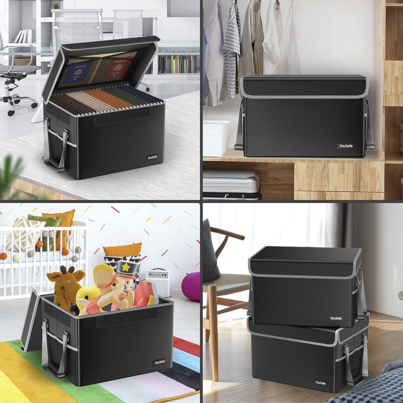 DocSafe File Box Fireproof File Storage Organizer with Lid,Collapsible Document