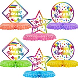 Happy Birthday Honeycomb Table Decorations, Rainbow Colours, Party Centrepieces, 6 Pieces