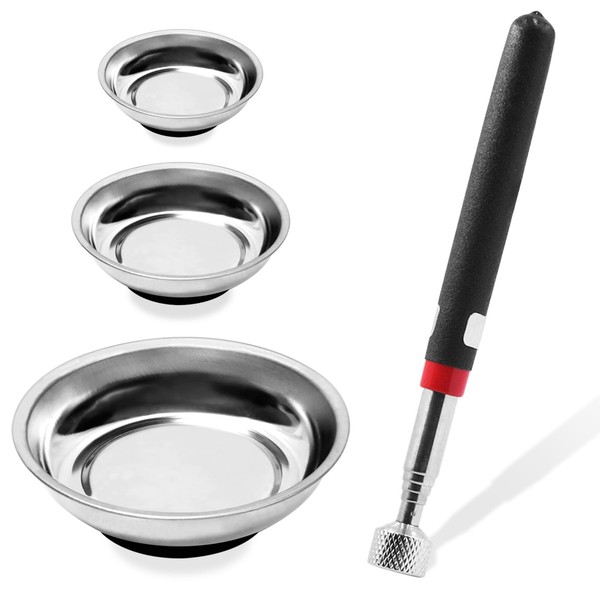 Glarks 4Pcs Magnetic Tool Trays with Magnetic Pickup Tool Set, 3" 4" 6" Round Magnet Bowls Tools Parts Tray Holder and 10 lb Telescoping Magnet Pickup Stick for Socket Screw Nut Bolt Metal Parts