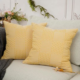 YOUR SMILE Boho Decorative Throw Pillow Covers Set of 2 Farmhouse Solid Striped Soft Square Cushion Case Modern Home Decor for Couch Bed (20X20-inch, Yellow)