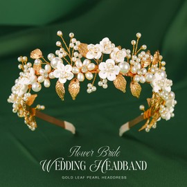 Brishow Flower Wedding Headband Gold Leaf Hair Band Pearl Bridal Hair Accessories for Women