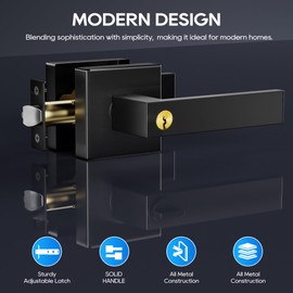 Aceele Interior Privacy Door Handle with Lock, Square Door Lever for Bathroom and Bedroom, Matte Black Reversible Keyless Door Knobs Turn Push Button Lock