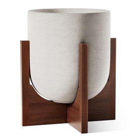 LE TAUCI 10 Inch Planter with Acacia Wood Stand, Ceramic Planters for Indoor Plants, Unique Plant Pots Indoor for Home Decor, Cylinder Pots for Plants with Drainage Hole and Plug, Neutral Gray