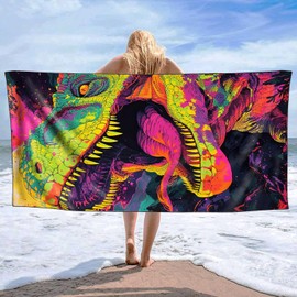 OHTMTHO Colorful Roaring Dinosaur Beach Towel Oversized 36"x72" Quick Dry Microfiber Towels Pool Accessories Cruise Essentials Vacation Gifts Summer Must Haves for Swimming Camping Travel