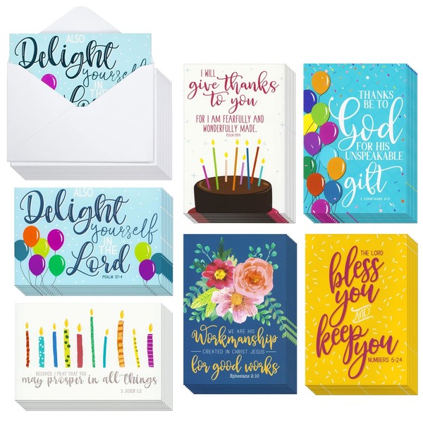 Faithful Finds 48 Pack Bible Verse Birthday Cards for Christian Religions with Envelopes (4 x 6 In)