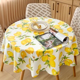LZLINGMEI Table Cloth Round 140 cm, Water Resistant Spill Proof Washable Polyester Dining Table Cover for Party Birthday Buffet, Lemon Fabric Tabletop Decoration,Yellow