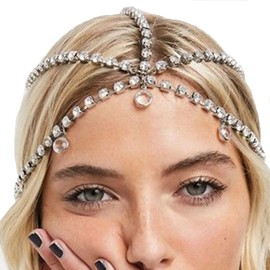 Jovono Boho Rhinestone Head Chain Silver Bridal Wedding Headpiece Crystal Hair Chain Jewelry Accessories for Women and Girls