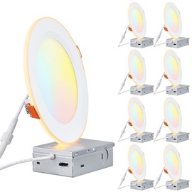 TORCHSTAR 8-Pack 5CCT 6 Inch Slim LED Recessed Lights with Night Light, CRI90, Anti-Glare Baffle Trim, 27003000350040005000K Selectable, 12W Dimmable Ultra-Thin Canless Wafer Downlight, ETL