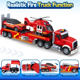 Bstoyder Toddler Boy Toys for 3 4 5 6 7 Years Old Kids, 21" Semi Fire Truck Toy with Racing Car and Helicopter, Friction Powered Toys with Lights and Sounds, Birthday for Boy Girls