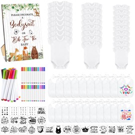 Panitay 100 Pcs Blank Bib Bodysuit Baby Shower Set Baby Shower Sign Blank Feeder Bib DIY Bodysuit Fabric Colorful Marker(Woodland)