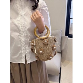 Summer Straw Bags for Women Flower Straw Bucket Tote Bag Hand Woven Rattan Purse Drawstring 2024