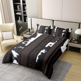 Manfei Cowhide Print 100% Nature Cotton Duvet Cover King Size,Farmhouse Animals Cow Skin Print Super Soft Bedding Set,Tribal Geometric Stripes Comforter Cover Bedding 3 Piece (No Comforter)