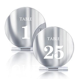 Mesa de boda acrílica con números 1-15 con soportes, espejo redondo de 4.8 pulgadas, letreros y soportes para recepción de boda, fiesta, evento, decoración de centro (plata, 1-25)