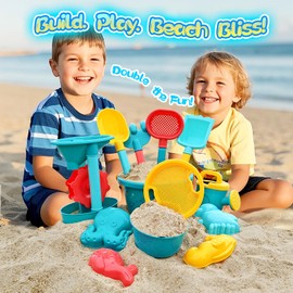 LaughLoot Beach Toys for Kids 3-12,13pc Sand Toys with 2 Sand Buckets, Sifter,Watering Can,Hourglass,4 Sand Molds,2 Shovels,Rake,Mesh Bag,Sandbox Toys for Toddlers