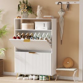 Urban Deco Shoe Storage Cabinet for Entryway, Wooden Organizer Shoe Cabinet with 2 Flip Drawers, Elegant 2 Tier Freestanding Shoe Organizer (White)
