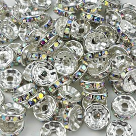 Honkoolly 120pcs 6mm Rondelle Spacer Beads Silver Plated Crystal Rhinestone Spacer Loose Beads for Jewelry Making DIY Bracelets Necklace Earring Craft(White AB)