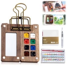 Mini Paint Palette Travel Kit - Mini Travel Watercolor Palette Set, Pocket Artist Water Color Travel Set, Pocketartist Drawing Board Paint Palette Travel Kit with Brush (Walnut-8 Grids)