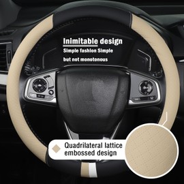 OHHMNKK Steering Wheel Cover Car Van Semi Truck Trailer Bus Leather Steering Wheel Cover 15" 16" 17" Maximum Grip (Beige, 15.5-16'')
